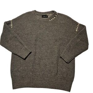 Mustard Seed Womens Gray Pearl Embellished Long Sleeve Knit Sweater Size M‎